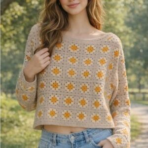Industry Crochet Daisy Granny Square Sweater beige boho coastal grandma EUC M